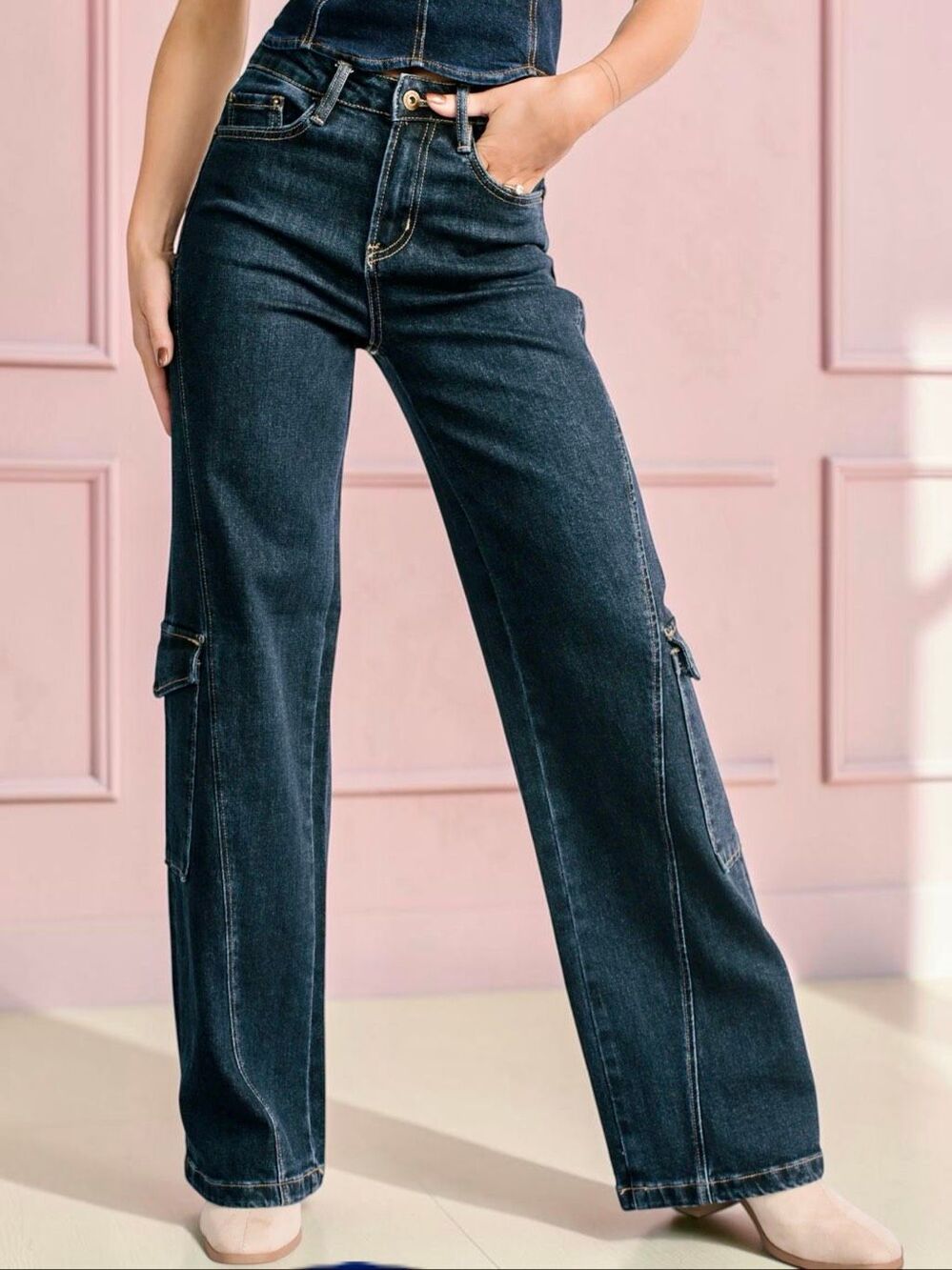 Mica Denim High Rise Wide Leg Cargo Jeans Dark Wash Seam Detail NEW